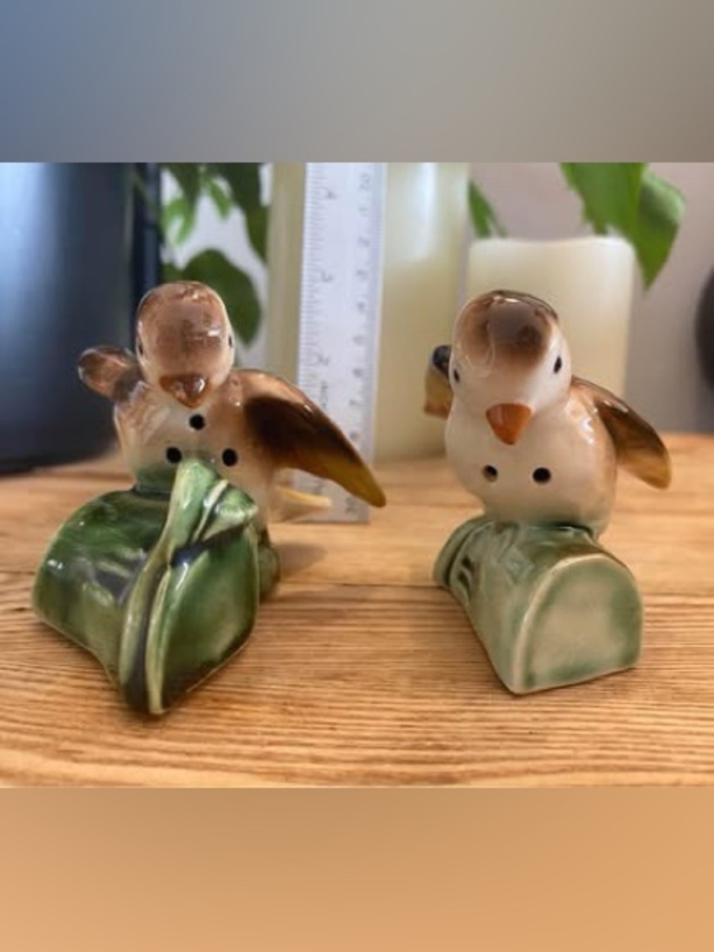 Vintage Japan Ceramic Songbird Salt & Pepper Shakers Perched on Log Base Set